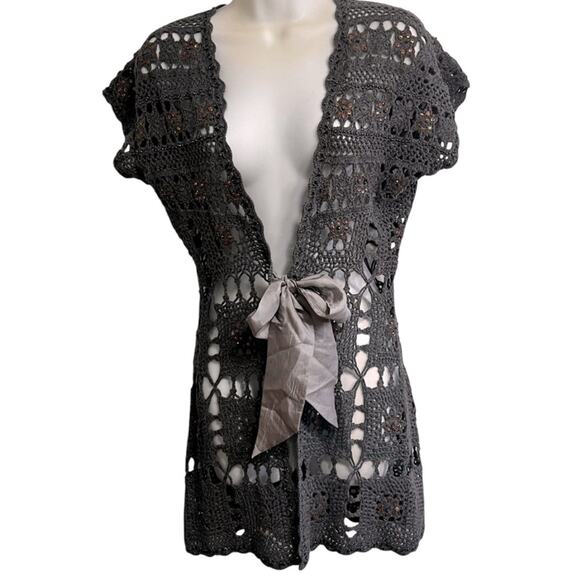 Boston Proper | XS Smoky Gray Lacy Crochet Look Open Weave Cardigan, Fabric Bow - Picture 1 of 16